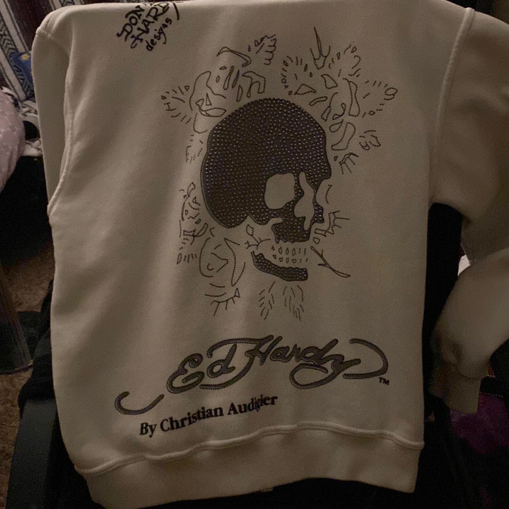 ed hardy white zip up hoodie with skeleton design with rhinestones